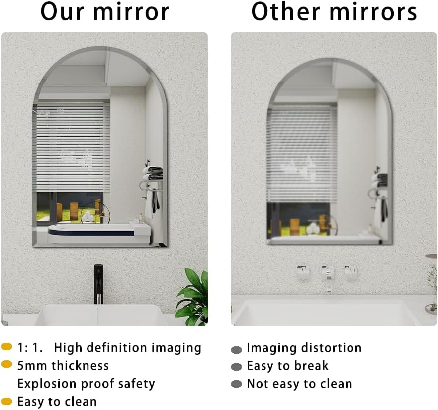 Arched Bathroom Mirror, 32X48 inch Arched Frameless Mirror, Arch Wall Mirror，Frameless Mirrors for Bathroom,Beveled Bathroom Mirror.