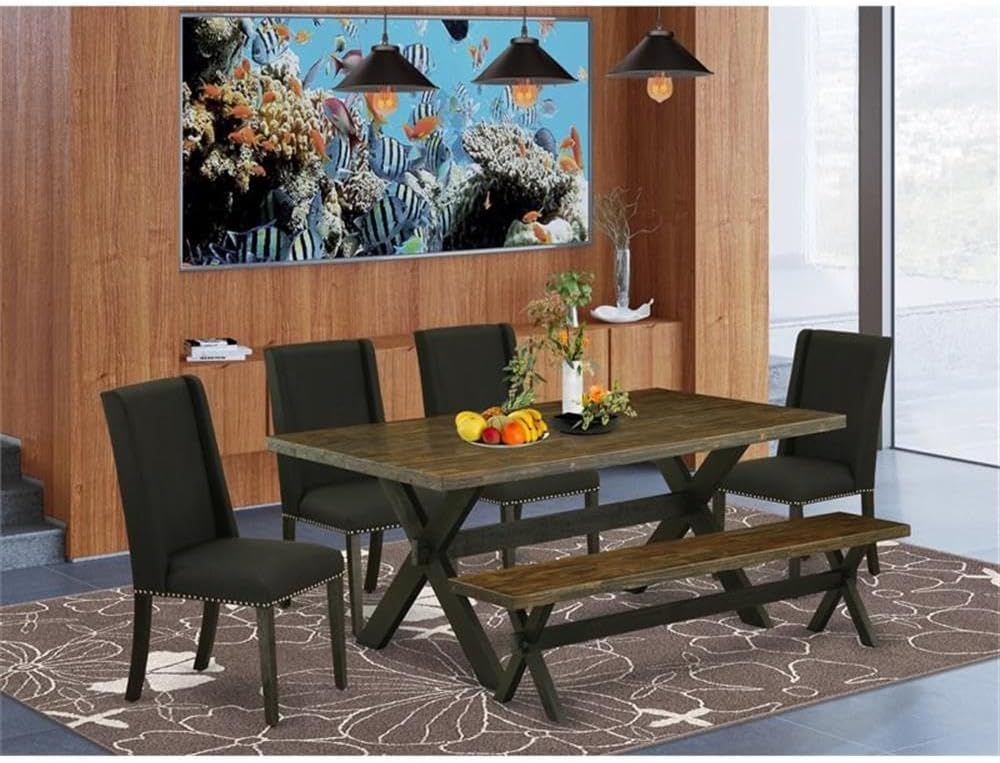 East West Furniture X677FL624-6 6 Piece Dining Set Contains a Rectangle Dining Room Table with X-Legs and 4 Black Linen Fabric Parson Chairs with a Bench, 40x72 Inch, Multi-Color