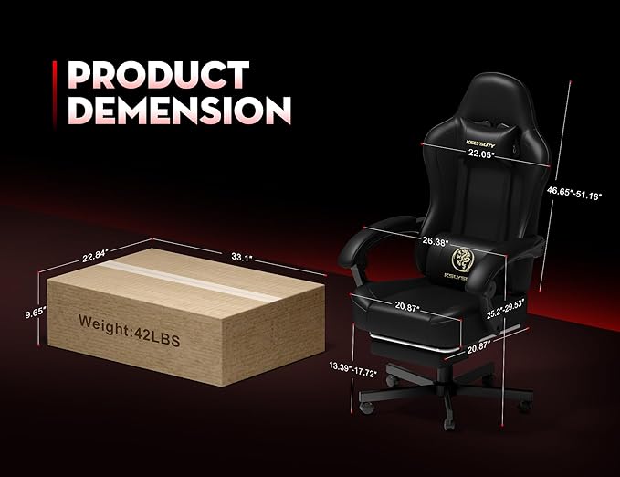Gaming Chair for Adults with Footrest and Lumbar Support, Height Adjustable Game Chair with 360°-Swivel Seat and Headrest and for Office or Gaming (Black)