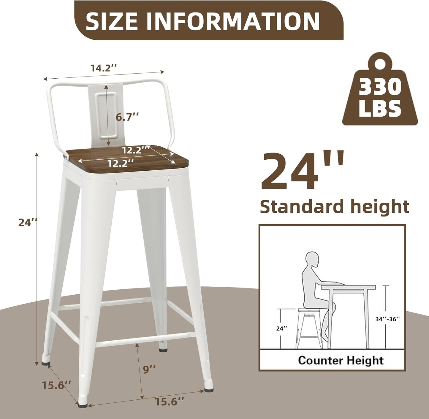 24 Inch Swivel Bar Stools Set of 4, Counter Height Bar Stools with Low Back, Metal Industrial Bar Chairs for Kitchen Island (White)