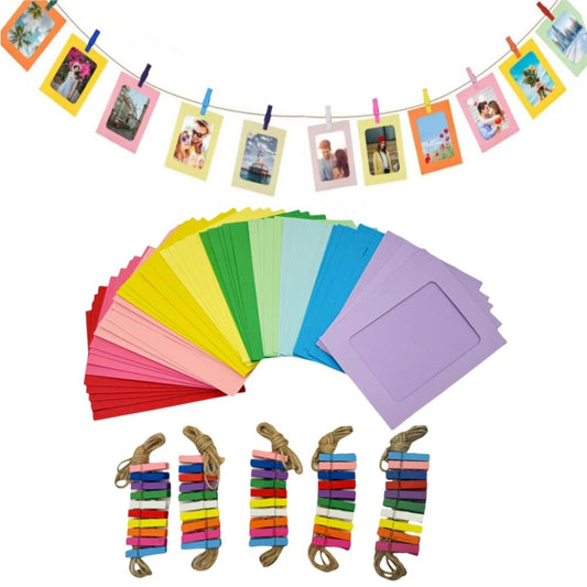 Urier 50 Pieces Hanging Picture Frames Kit with Clips and Strings,Paper Picture Frames Bulk,DIY Clip Photo Holders for Home Office Wall Decor Party Supplies (Multicolor, 5X7)