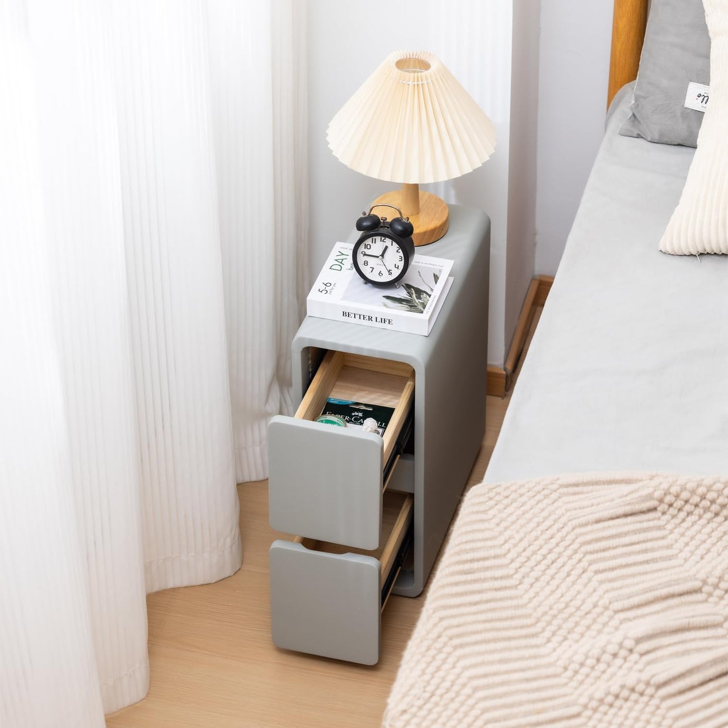 Narrow Nightstand, Solid Wood Night Stand for Small Spaces, Couch, Gray Color 11.81 in Wide