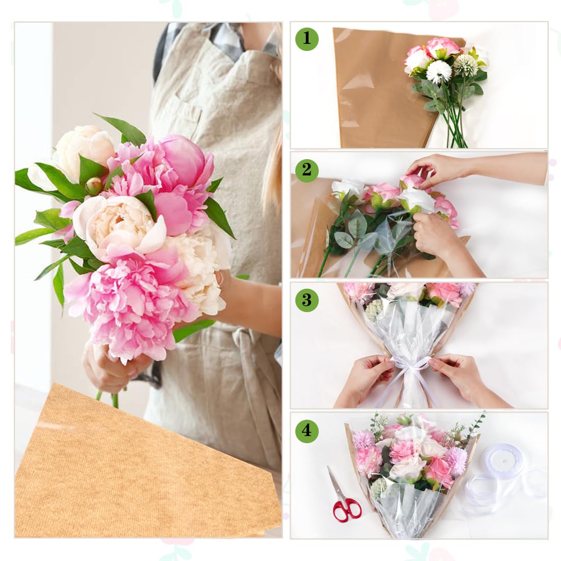 HSONAIGEE 50 Pieces Flower Bouquet Wrapping Paper, 15.8 x 13.8 x 3.9 Inch Flower Bags for Bouquets Kraft Floral Wrap Sleeves with Ribbons for Home Mother’s Day Wedding Flower Bar Supplies