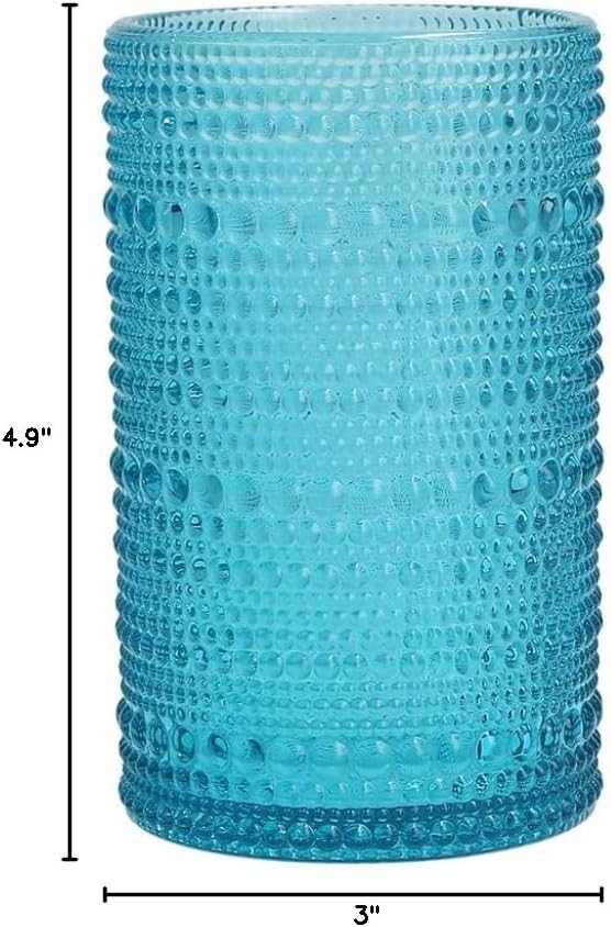 Fortessa Jupiter Beaded Hobnail Glass, 13 Ounce Iced Beverage (Set of 6), Lagoon Blue