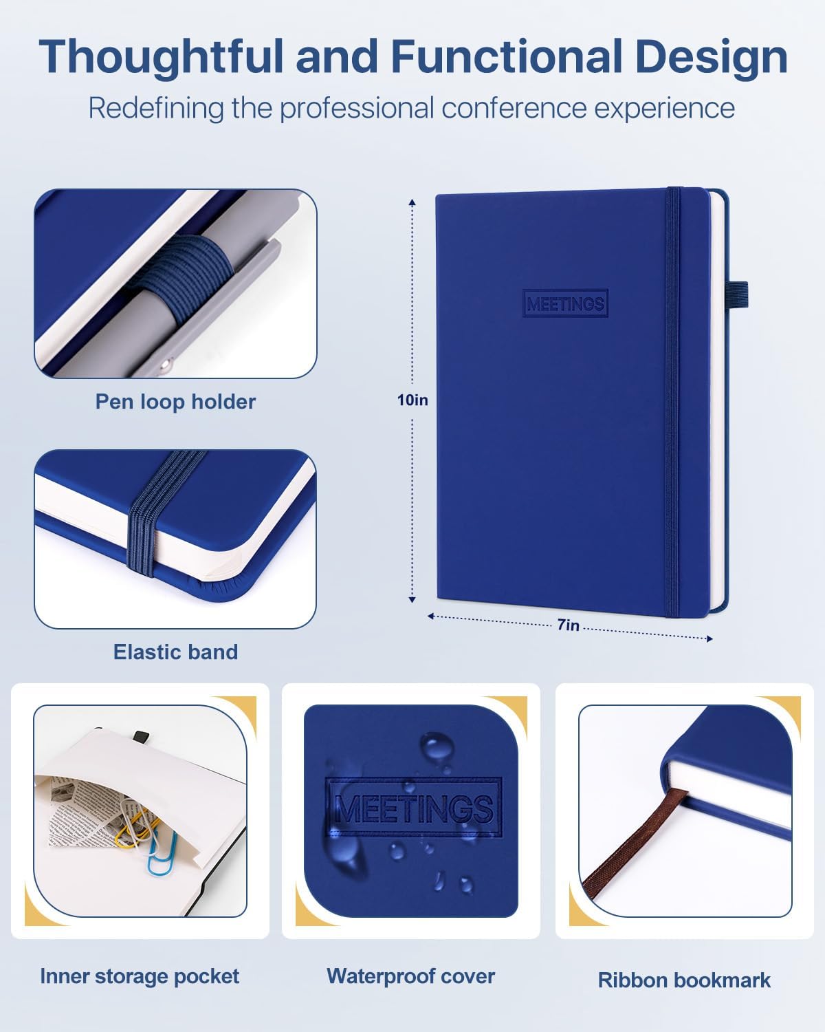 WEMATE Meeting Notebook for Work, Work Planner Notebook with Action Items, B5 Size Project Planner, Easily Take Meeting Notes & Keep Agendas on Track, Calender, Index Page, Inner Pocket, 7×10 Inch, Dark Blue