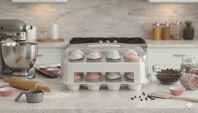 Cupcake Carrier, EXTRA LARGE LID, White Cupcake Holder Carries 24 Standard-Size Cupcakes, Muffin Traveler Two Tier Stand Reusable Cupcake Box