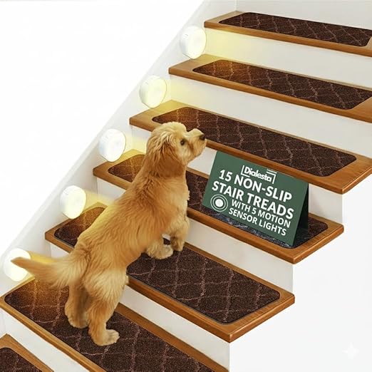Stair Treads for Wooden Steps Indoor, Includes 15 Non-Slip Carpet Mat 8x30in with 5 Motion Sensor Lamps, Peel & Stick Carpet Stair Treads,Safety Stair Rugs for Kids, Elderly and Pets (Coffee)