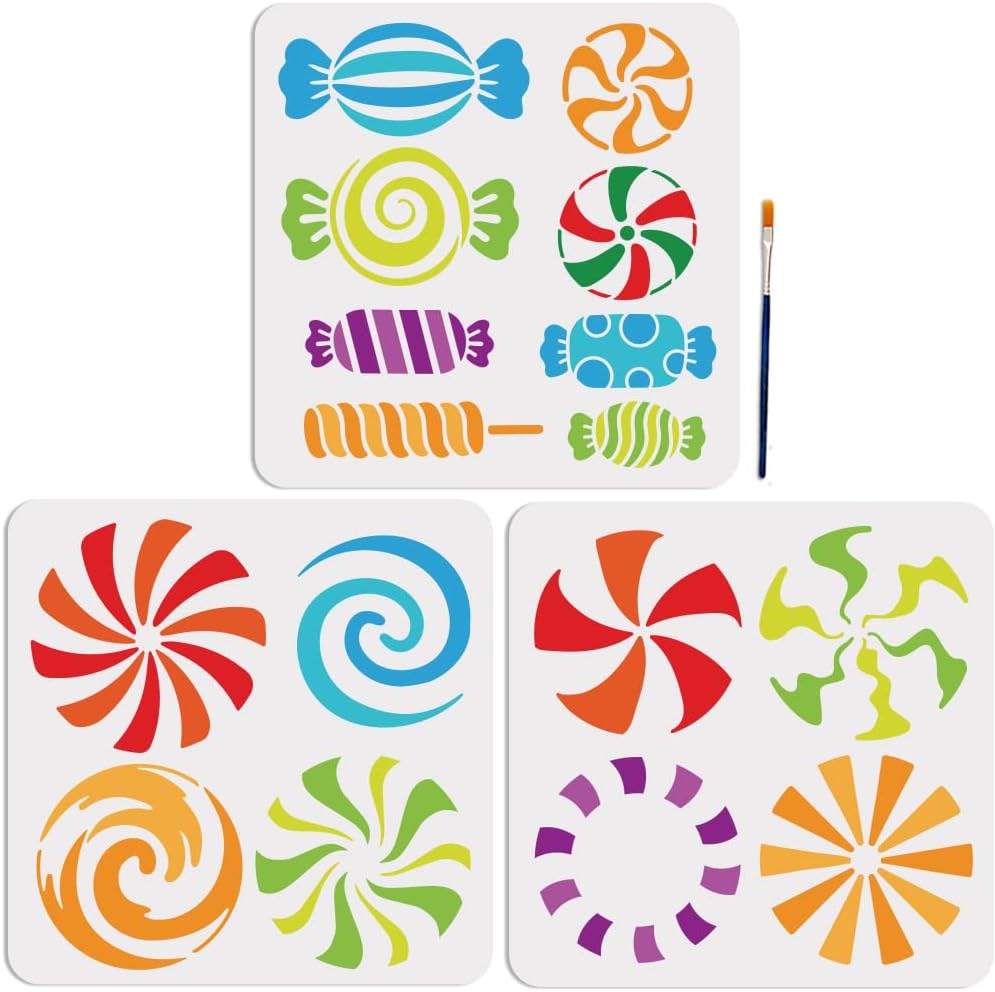 MAYJOYDIY 16 Styles Candy Mint Candy Lollipop Stencils 11.8×11.8inch Candy Theme Stencil with Paint Brush Sweet Candy Stencil DIY Candy Crafts for Birthday Xmas Holiday Decor Gift Making