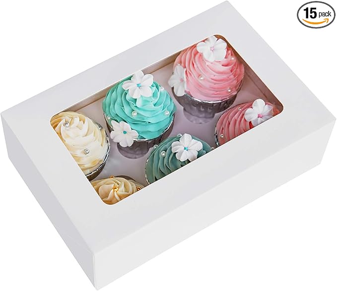 ONE MORE Cupcake Boxes with Inserts 6 Holders,9.5x6.3x3inch Large White Standard Bakery Boxes with Window Food Grade Cake Carrier Container for Muffins,Gift Treat Box Bulk,Pack of 15