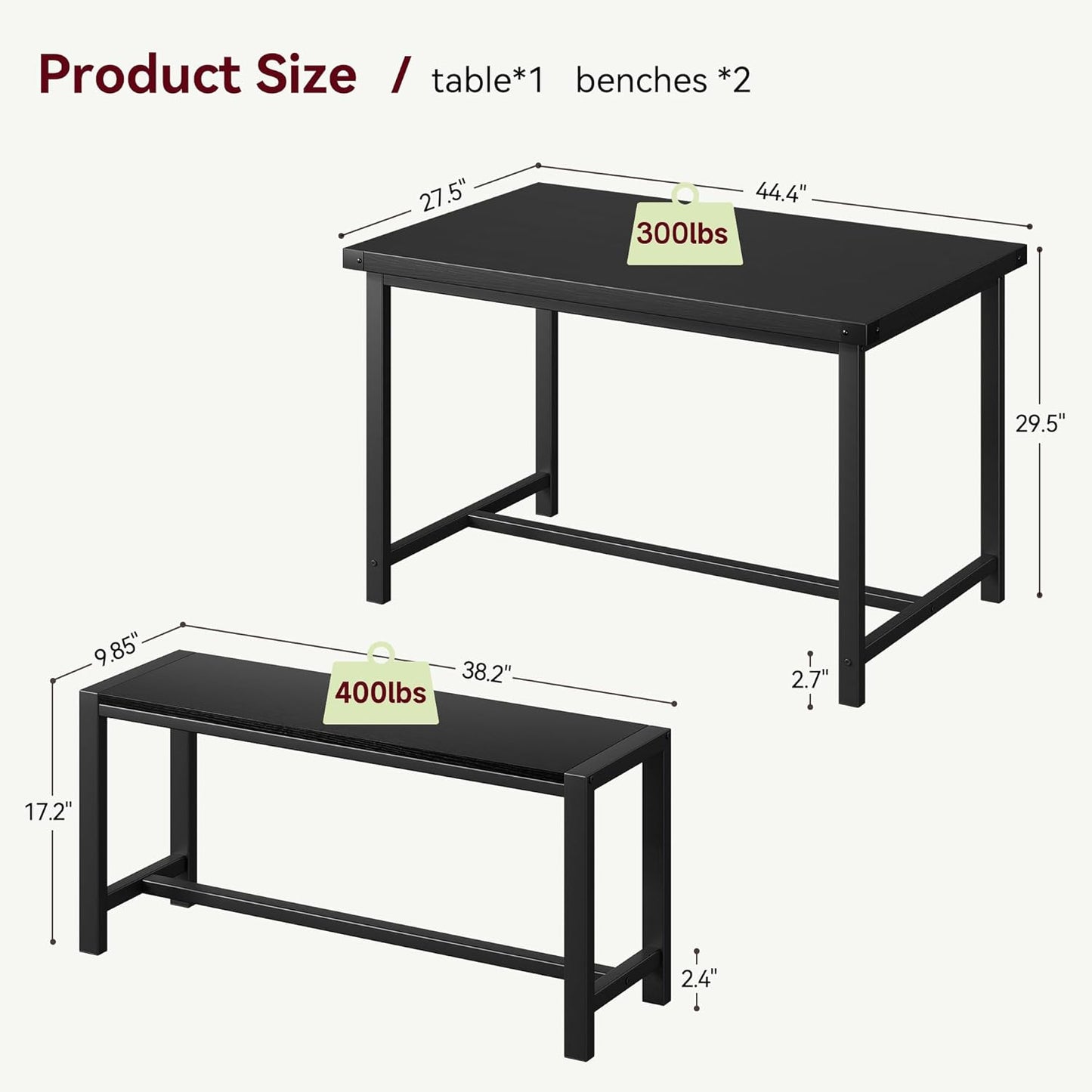 Dining Table Set for 4 with 2 Benches, 3-Piece Kitchen Table Set, Space-Saving Dining Set for Kitchen, Dining Room, Black