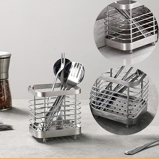Utensil Holder, Stainless Steel Sink Utensil Holder Countertop, Kitchen Utensil Drying Caddy, Cutlery Drainer for Utensil, Rust-Proof Cutlery Utensil Organizer (Silver)