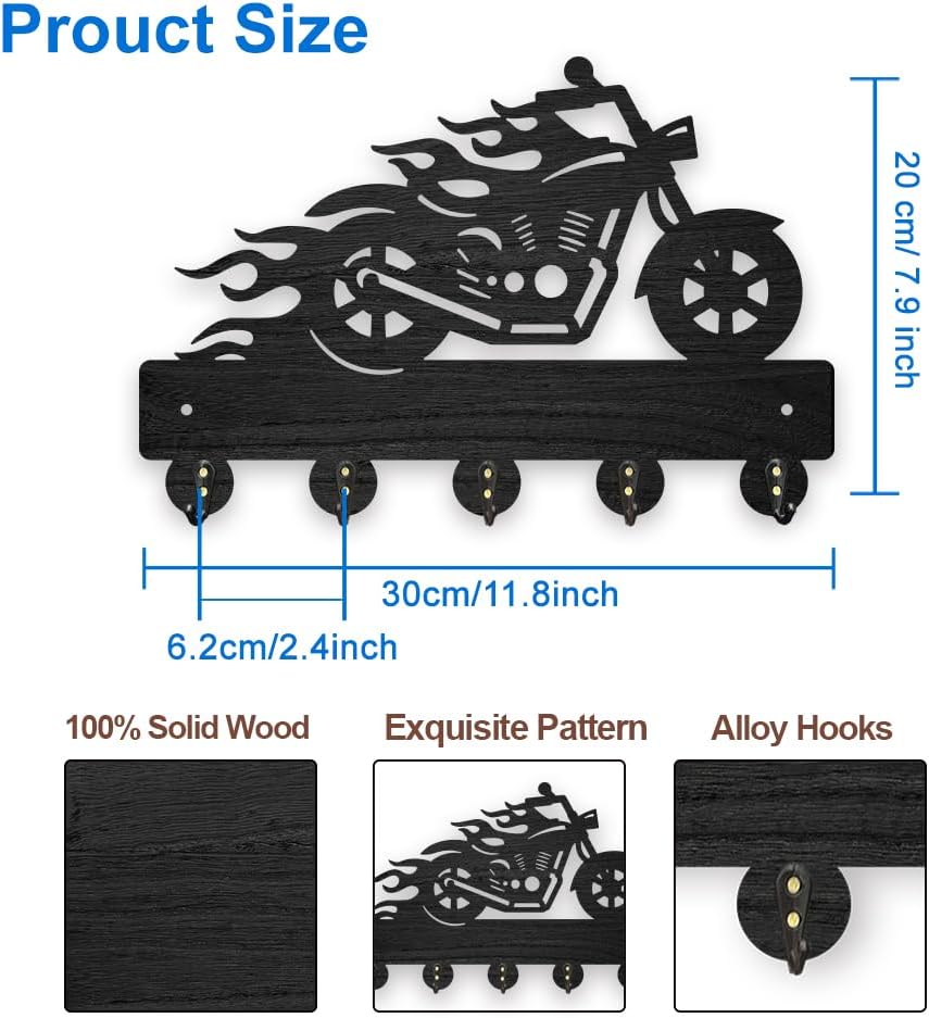 MAYJOYDIY Wood Motorcycle Flame Coat Hooks Motorbike Fire Key Holder for Wall 11.8×7.9inch Black Key Hooks Rack 5 Alloy Hooks Home Decor Gifts Entryway Kitchen Bathroom Storage Organizer