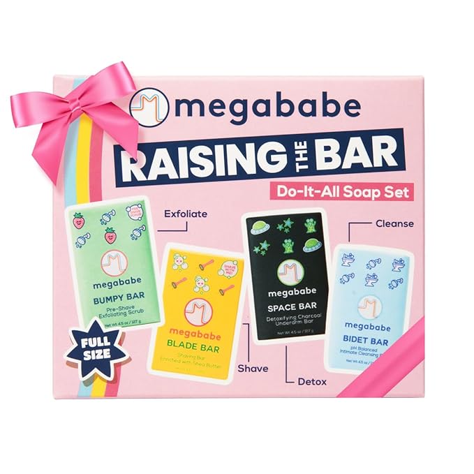 Megababe Raising the Bar Do-It-All Soap Set | Stocking Stuffer Holiday Gift | Includes Space, Bidet, Bumpy, & Blade Bars