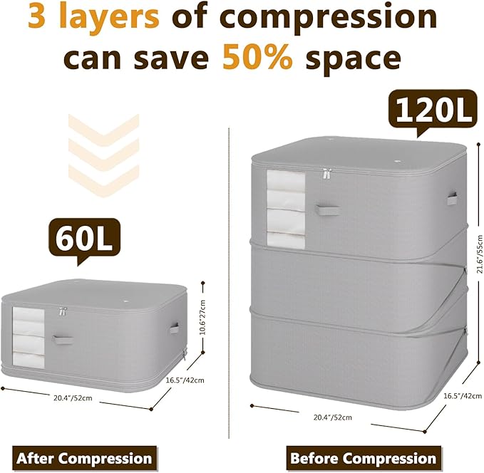 3-piece compressed clothes storage bags, foldable wardrobe storage bags, large-capacity with handles, suitable for sweaters, bed sheets, blankets, down quilts, pillows, toys, etc.gray