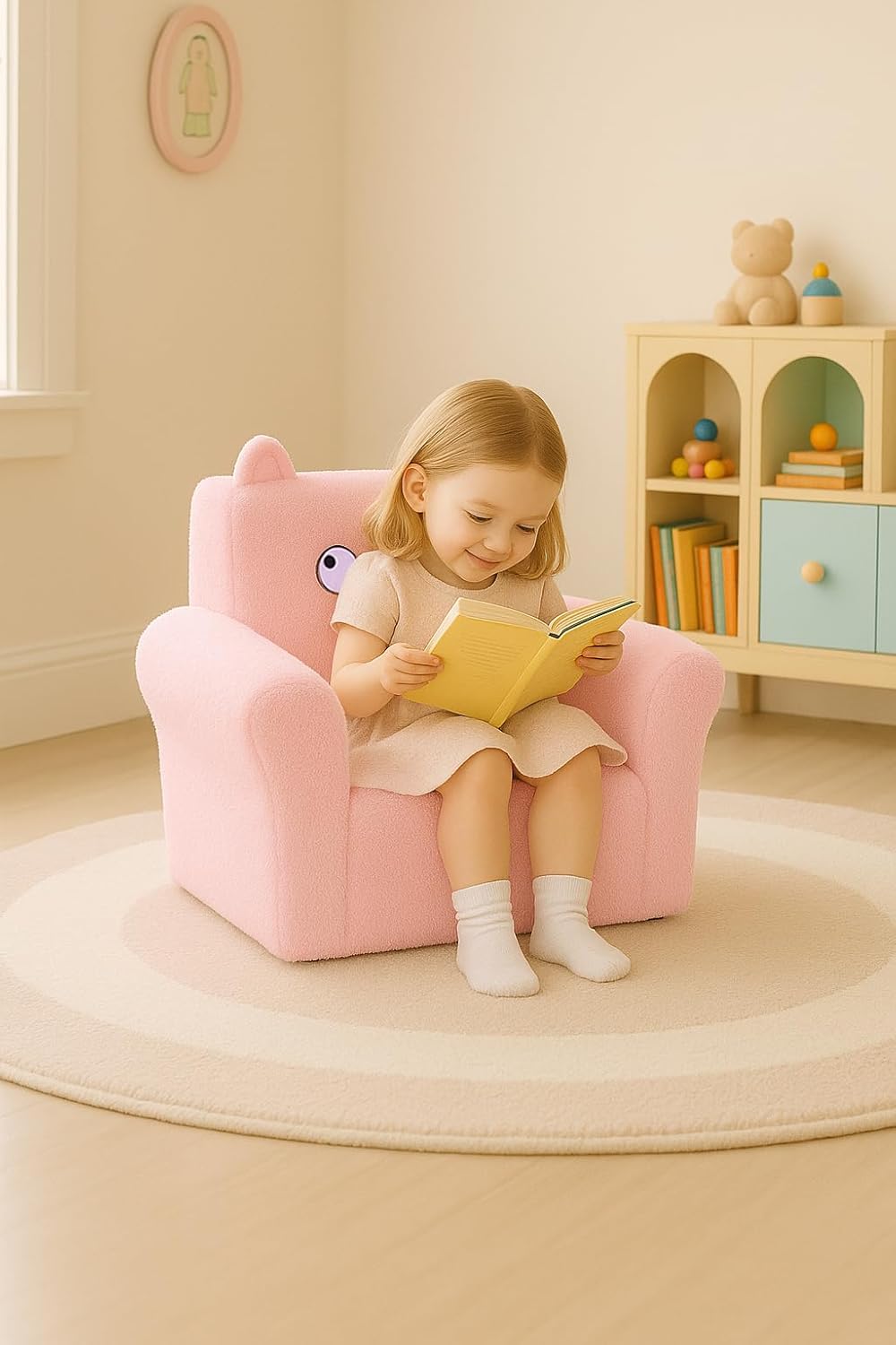 Cute Animal Toddler Foam Chair, Soft Faux Rabbit Fur, Comfy Toddler Lounge Chair and Couch with Arms, Removable Washable Cover, Kids Reading, Relaxing, for Playroom, Bedroom, Ages 1-3, Pink Cat