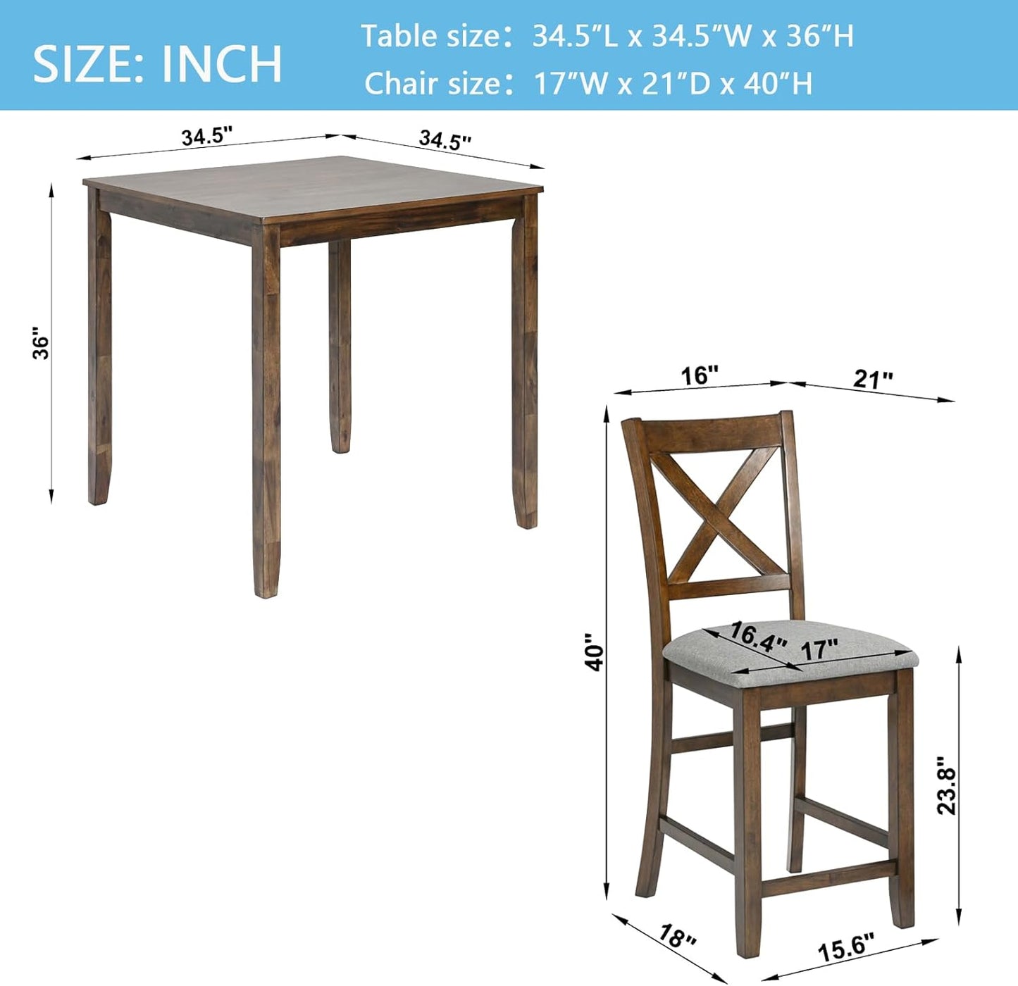 KEIKI 5-Piece Counter Height Dining Table Set with Square Table and 4 Upholstered X-Shaped Backrset Chair, for 4 Person, Modern Style Wooden Table Set, Easy Assembly, for Kitchen, Dining Room, Walnut