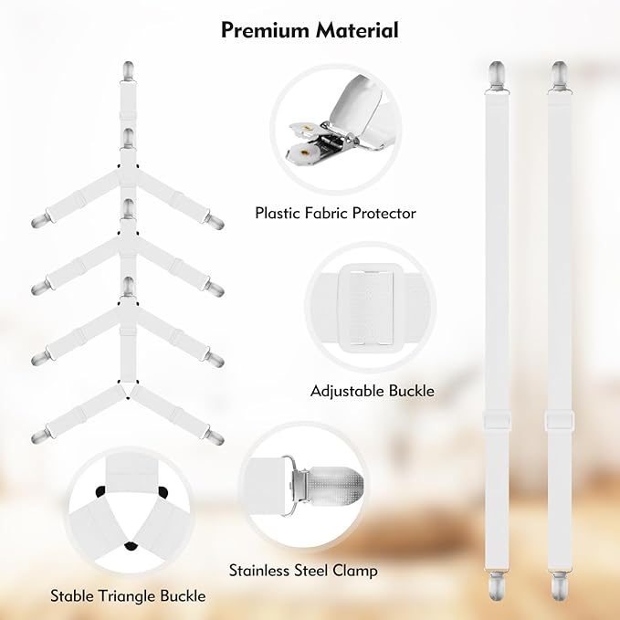 Bed Sheet Holder Straps, 4+2 Pcs Adjustable Mattress Sheet Clips, Bed Sheet Fasteners Elastic Sheet Suspenders to Keep Bed Sheet in Place for Different Beds (White)