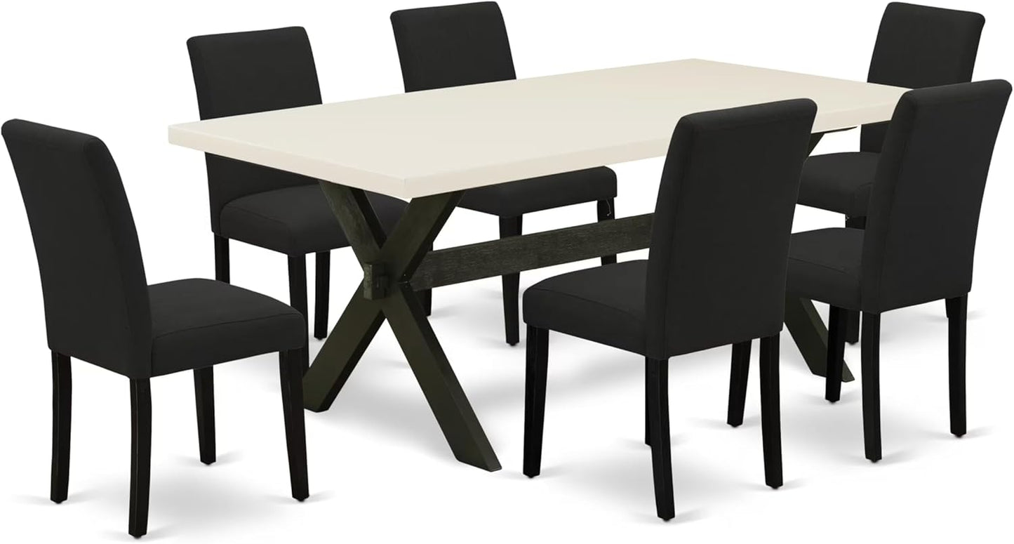 East West Furniture X627AB624-7 7 Piece Dining Room Furniture Set Consist of a Rectangle Dining Table with X-Legs and 6 Black Color Linen Fabric Upholstered Chairs, 40x72 Inch, Multi-Color