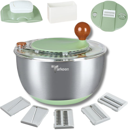 Tarkeen Stainless Steel Salad Spinner Large, BPA-Free Lettuce Spinner, 3-in-1 Salad Bowl & Fruit Cleaner with Non-Slip Base, Dishwasher Safe, 5 Blade Slicer & Egg Yolk Separator, 5.3Qt