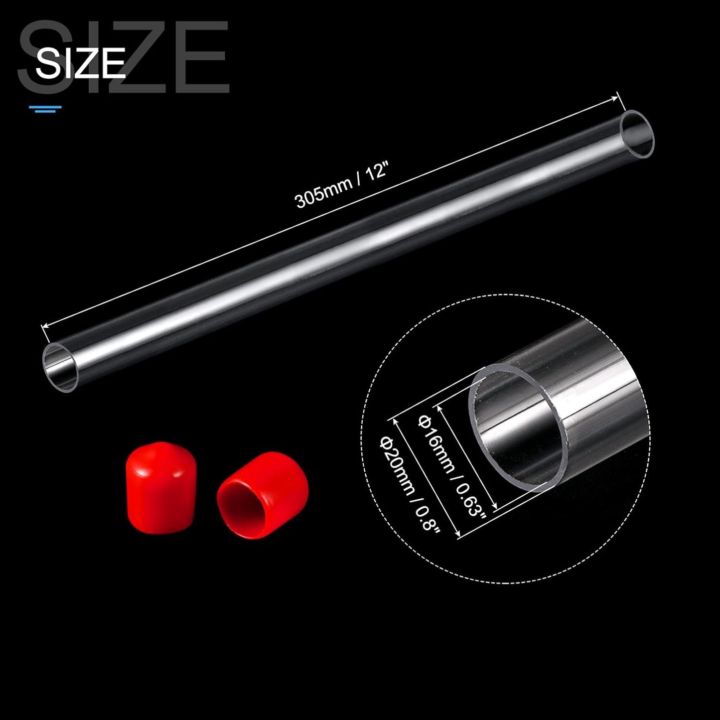 PATIKIL Clear Rigid Tube Round Plastic Tubing with Red Rubber Caps Polycarbonate Water Pipe, 305mm/ 12 Inch Length, 16mmx20mm/0.63"x0.8", 2 Set