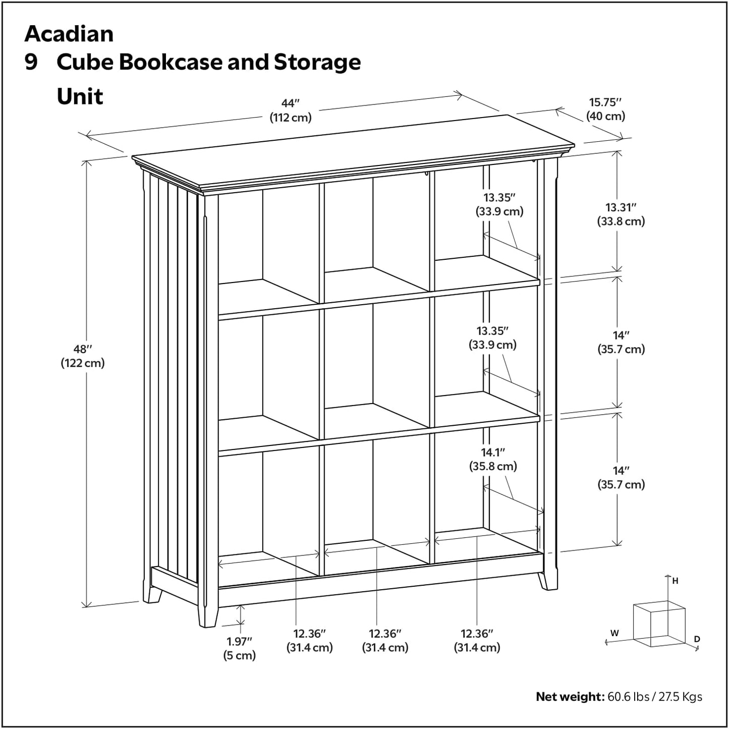 SIMPLIHOME Acadian Bookcase - 44 inch Tall 9-Cube Solid Wood Cube Organizer in Brunette Brown, Transitional Bookcase Storage for Living Room, Study Room or Office with Fixed Shelves and Tapered Legs