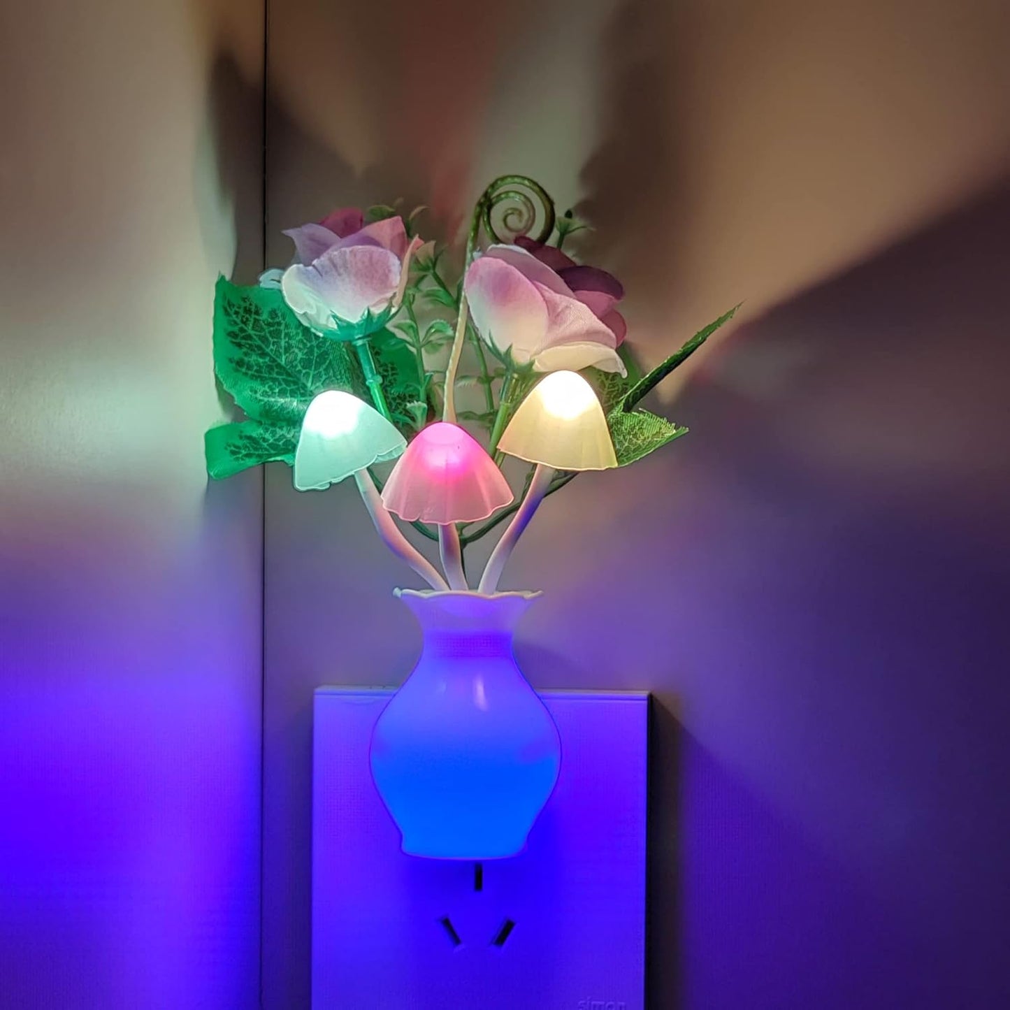 AUSAYE 3Pack Sensor Night Lights Plug into Wall Rose Flower Light, Led Lamp Dream Nightlight Mushroom Night Lights for Kids Adults Room,Bathroom,Kitchen,Hallway