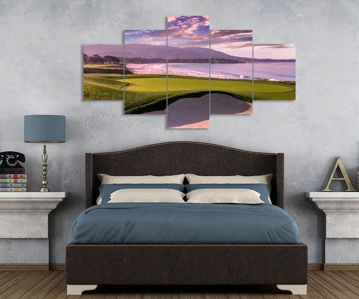 Pebble Beach Golf Course Hole 9th Wall Art Pictures Monterey California Golf Course Wall Decor for Living Room Bedroom Bathroom Home Decorations Canvas Prints Framed Ready to Hang(50''W x 24''H)