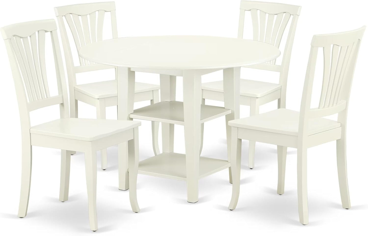 East West Furniture SUAV5-LWH-W 5 Piece Dining Table Set for 4 Includes a Round Kitchen Table with Dropleaf & Shelves and 4 Kitchen Dining Chairs, 42x42 Inch, Linen White