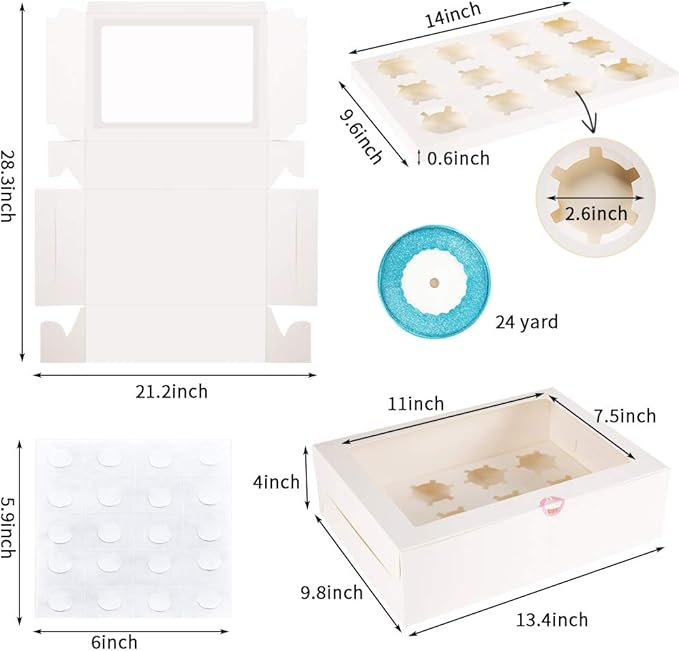 YunKo 15 Pack Dozen Cupcake Boxes White Cupcake Containers with Window Fit 12 Cupcakes or Muffins