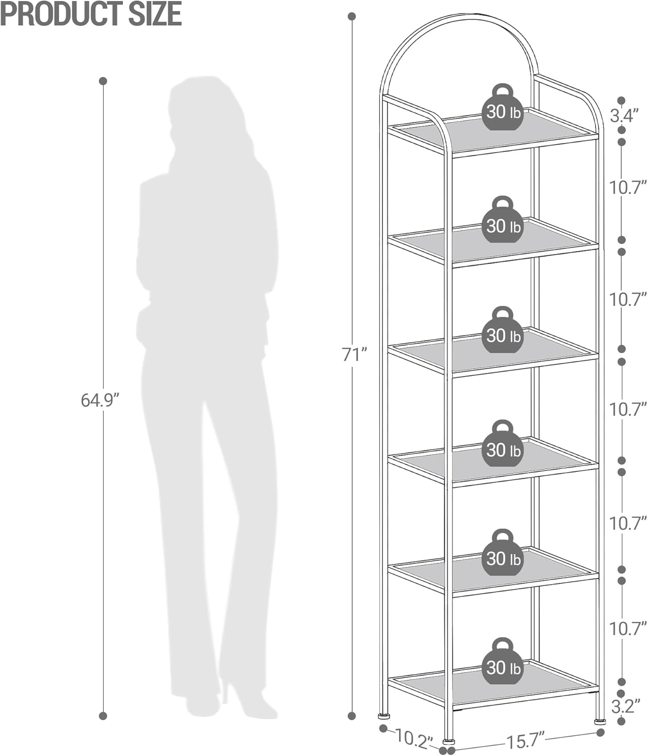 Bookcase Bookshelf, Tempered Glass Bookshelves, Slim Shelving Unit for Bedroom, Bathroom, Home Office, Steel Frame, 6 Tier Gold BC10601G