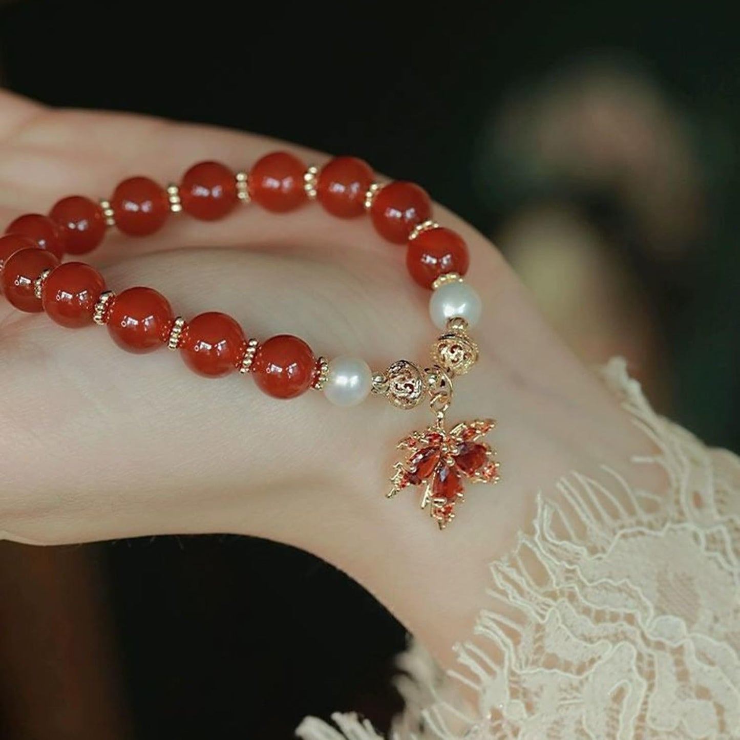 WETMT Fall Bracelet for Women Crystal Maple Leaf Charms Bracelet Gold Red Jade Stretch Bracelet Autumn Thanksgiving Beaded Bracelet Natural Stone Bracelet Vintage Fall Jewelry
