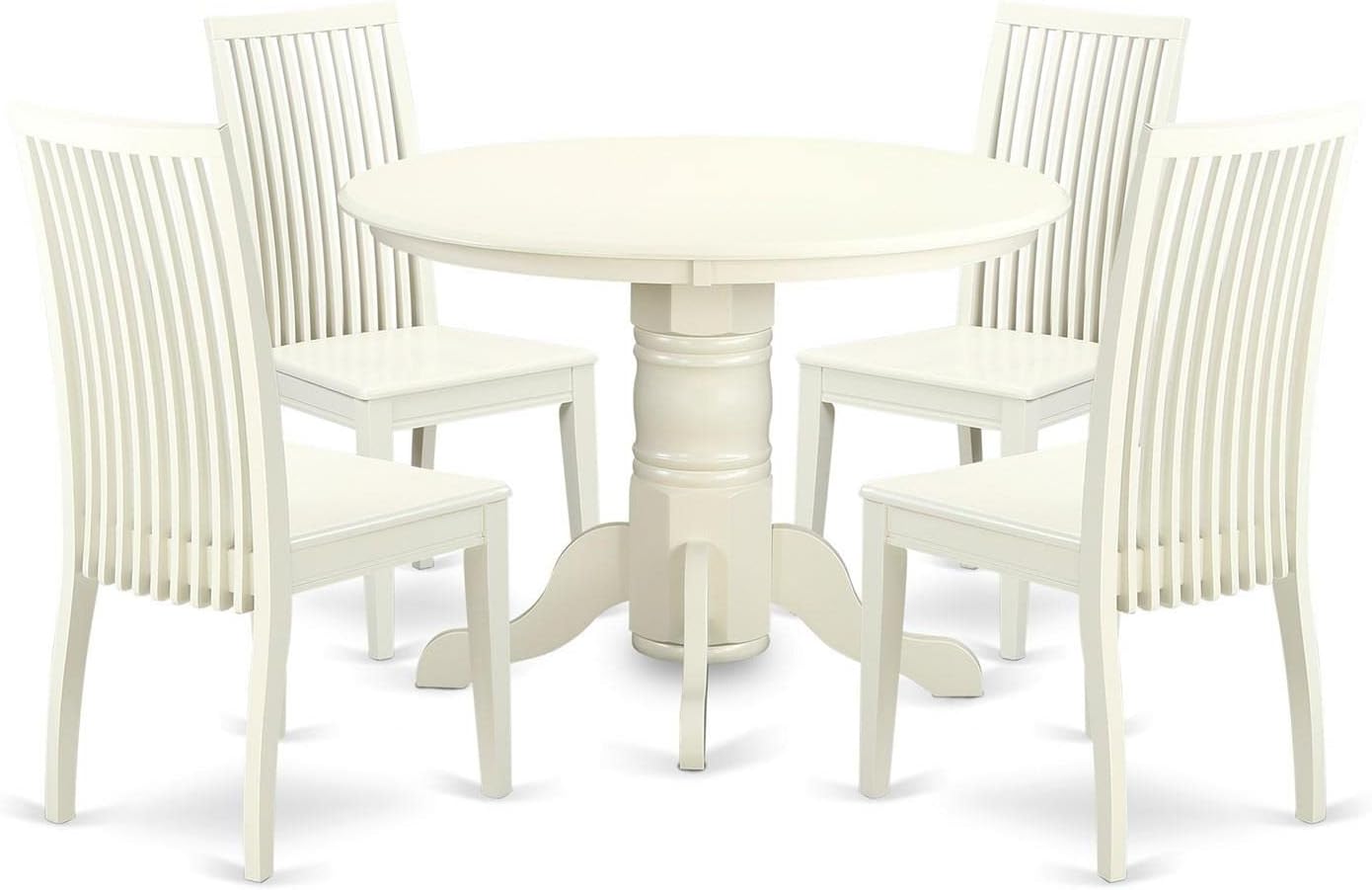 East West Furniture SHIP5-LWH-W 5 Piece Dining Room Table Set Includes a Round Wooden Table with Pedestal and 4 Kitchen Dining Chairs, 42x42 Inch, Linen White