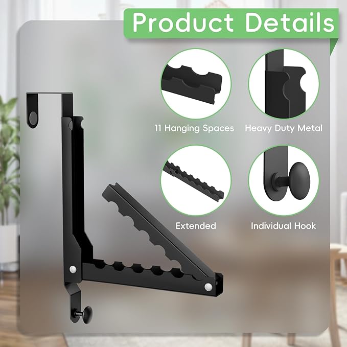 Over The Door Hooks, Extended Over The Door Clothes Hanger with 11 Ridges,Space-Saving Over The Door Rack,Door Hooks for Hanging Clothes,Larger Capacity Over The Door Hanger (2, Black(Update))