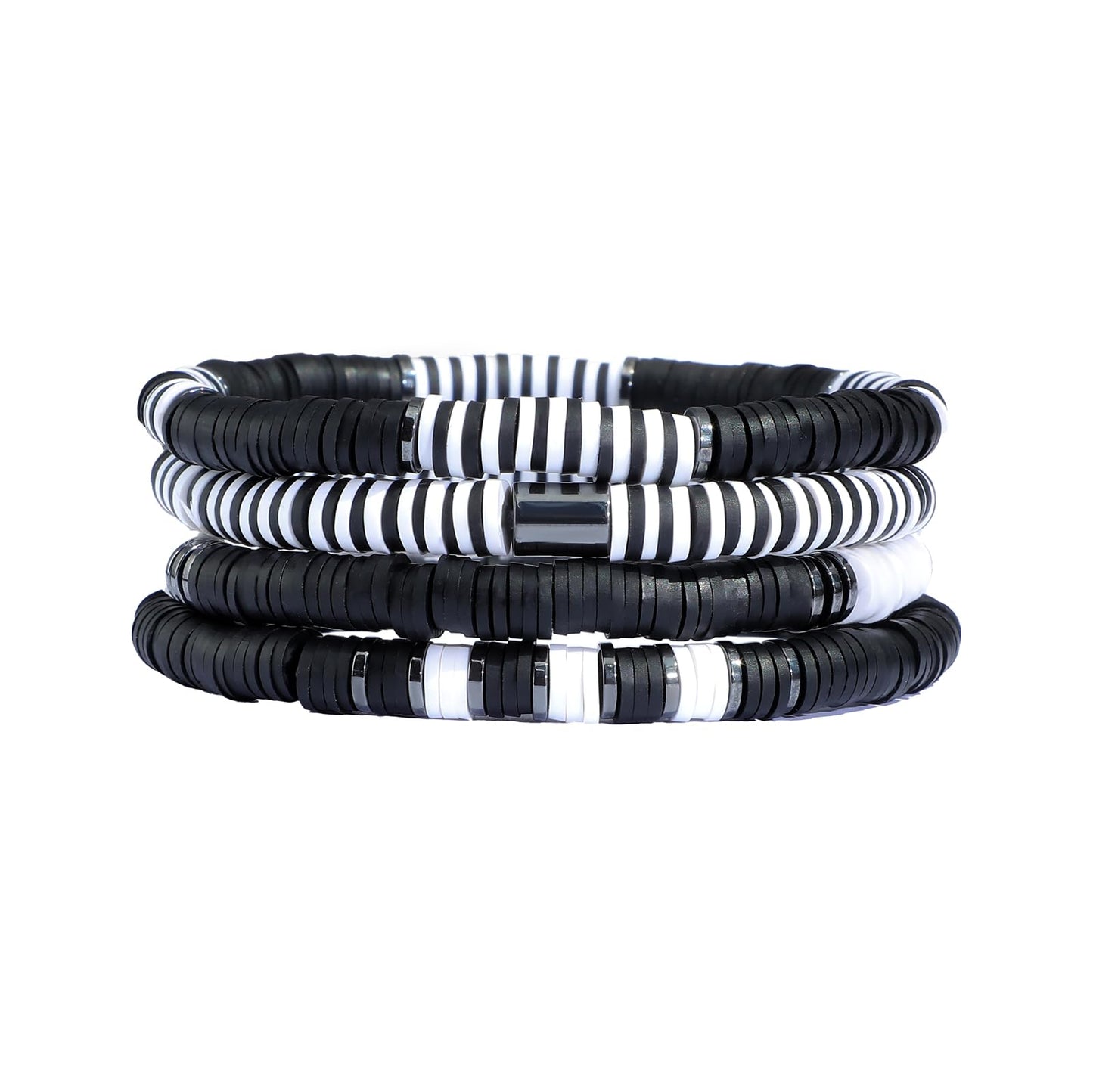 GOOJIDS Black Surfer Heishi Clay Bead Bracelets for Women Bohemian Stackable Gold Beaded Stretch Bracelets Elastic Layering Friendship Bracelets Set Boho Jewelry
