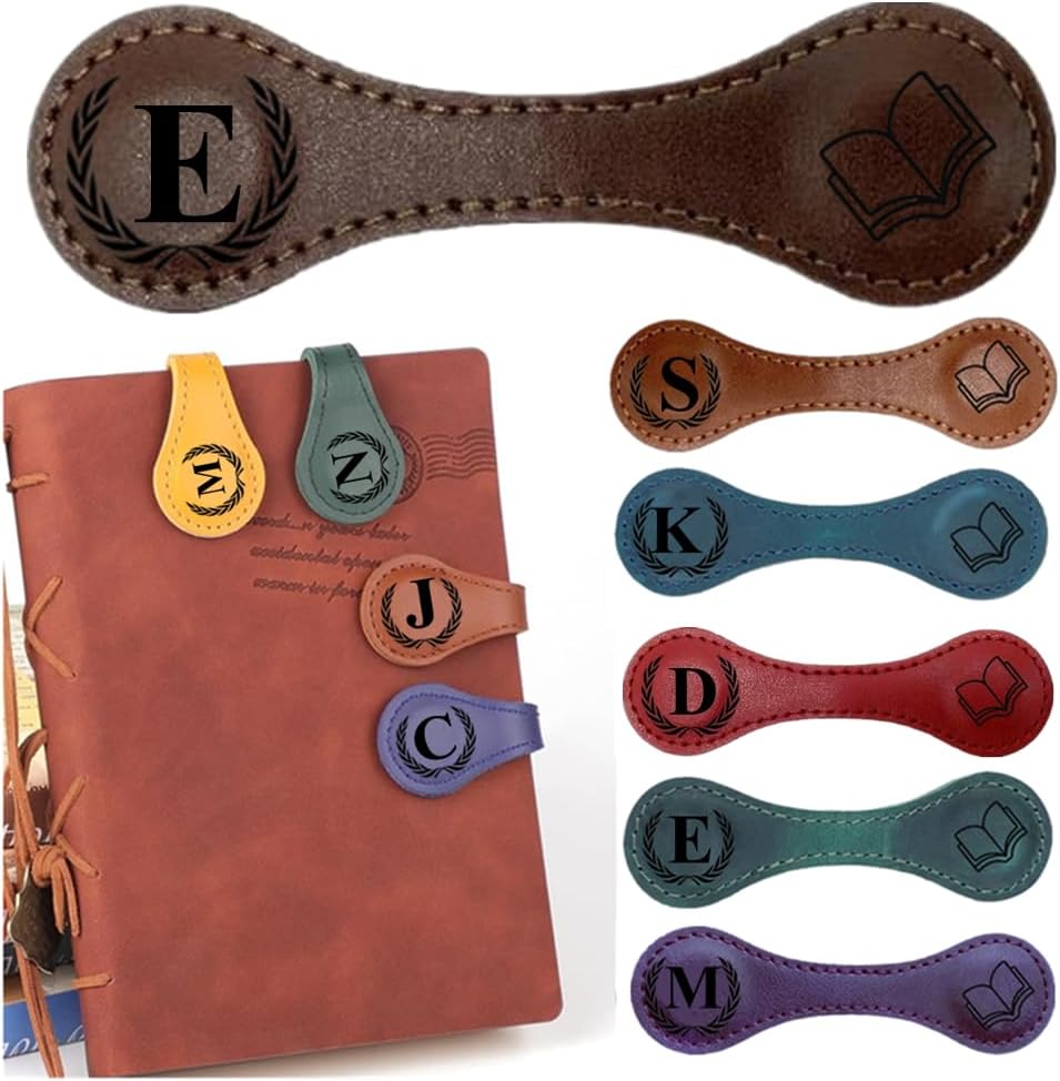 Personlized Magnetic Leather Bookmarks with Initials, Customized Book Marks Clip 26 Letters Bookmark for Reading Women, Men, Kids,Cute Book Markers Meaningful Gift for Book Lovers (Dark Brown, E)