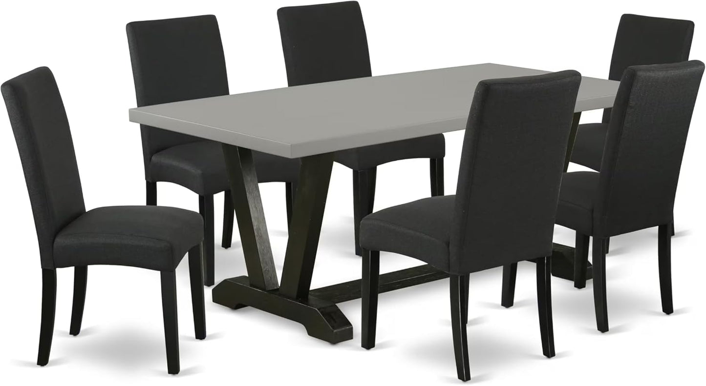 East West Furniture V697DR124-7 7 Piece Modern Dining Table Set Consist of a Rectangle Wooden Table with V-Legs and 6 Black Color Linen Fabric Parsons Dining Chairs, 40x72 Inch, Multi-Color