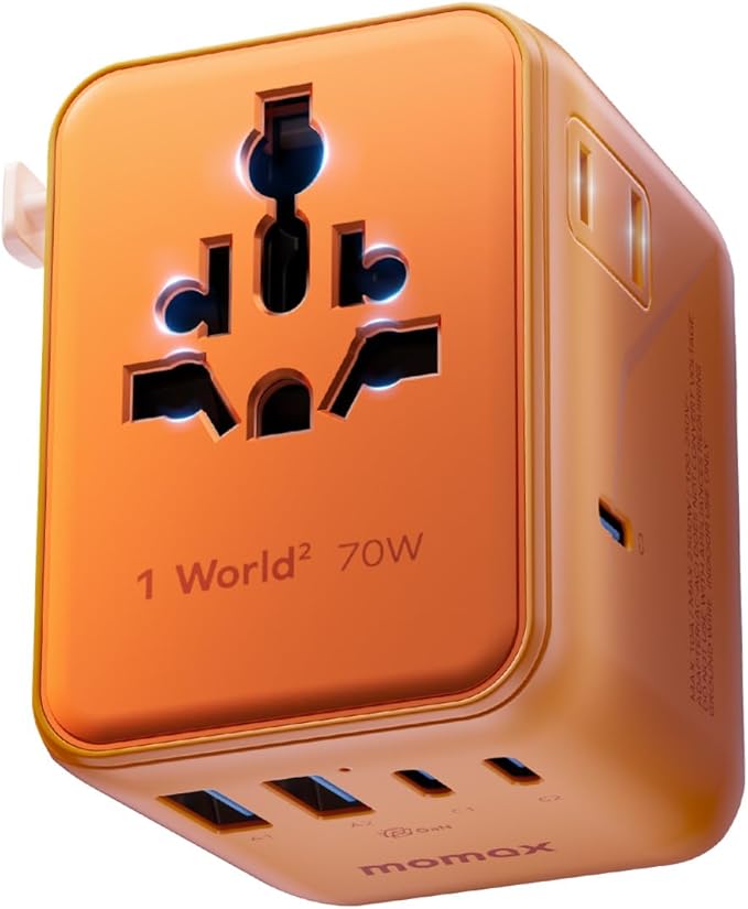 MOMAX Mini 7-in-1 Universal Travel Adapter, GaN 70W Dual AC, 3 USB-C PD & 2 USB-A QC, International Power Charger for 200+ Countries – Compact Travel Adapter for Laptop, Phone, UK/AUS/EU/JP Plug