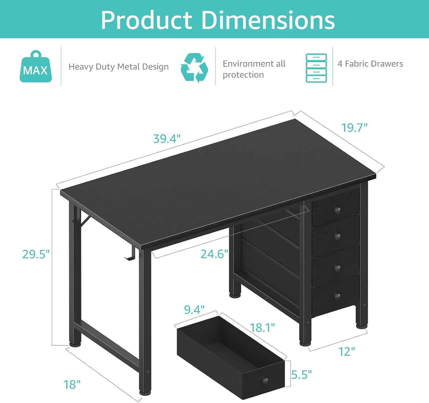 Lufeiya Small Gaming Desk with 4 Fabric Drawers, 40 Inch Kids Girls Teen Cute Study Desk for Bedroom, Reversible Work Computer Writing Table Desks for Small Space Home Office, Black