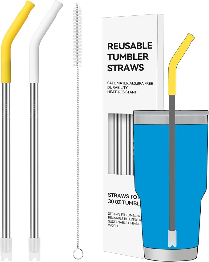2 PCS 30oz Reusable Straws Ideal for 30oz Stanley Cup & 24oz Tumblers, Stainless Steel Drinking Straw with Anti-Clank Silicone Bottom, Fits Most Medium-Size Mugs