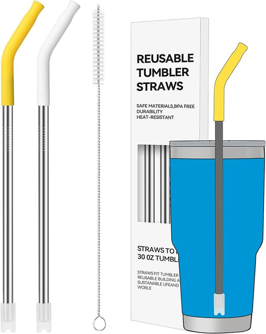 2 PCS 30oz Reusable Straws Ideal for 30oz Stanley Cup & 24oz Tumblers, Stainless Steel Drinking Straw with Anti-Clank Silicone Bottom, Fits Most Medium-Size Mugs