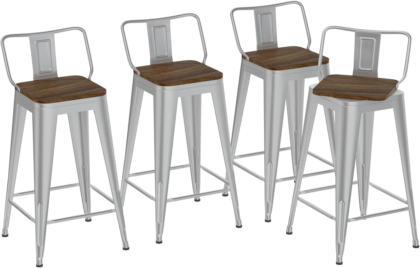 24 Inch Swivel Bar Stools Set of 4, Counter Height Bar Stools with Low Back, Metal Industrial Bar Chairs for Kitchen Island (Silver)