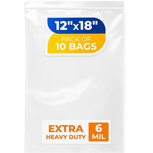12" x 18" Large Zip Seal Lock Bags, 6 Mil (Pack of 10) – Heavy-Duty Reclosable Plastic Bags – Clear, Resealable, Waterproof – For Storing and Organizing Clothes, Jewelry, and Travel Items