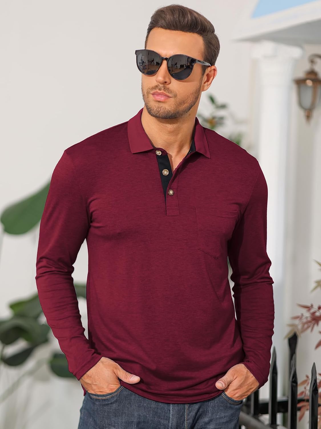 Mens Long Sleeve Polo Shirts Casual Moisture Wicking Golf Polo Shirts with Pocket