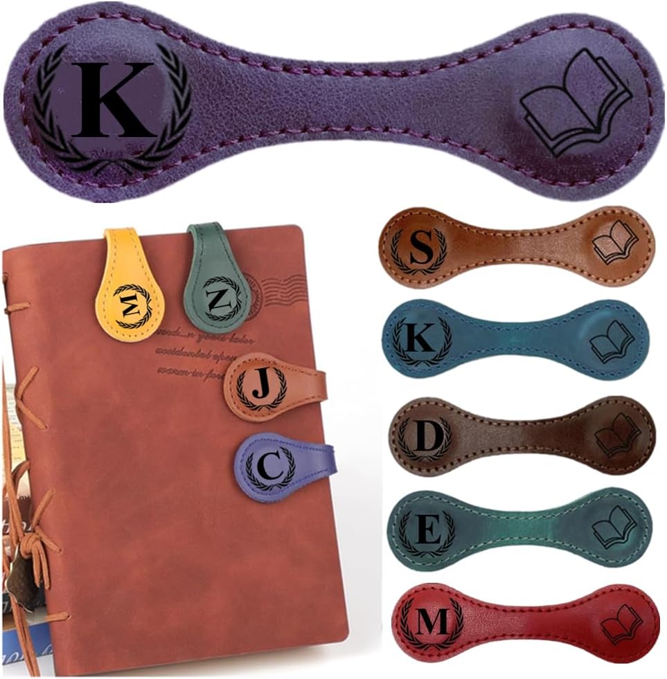Personlized Magnetic Leather Bookmarks with Initials, Customized Book Marks Clip 26 Letters Bookmark for Reading Women, Men, Kids,Cute Book Markers Meaningful Gift for Book Lovers (Purple, K)