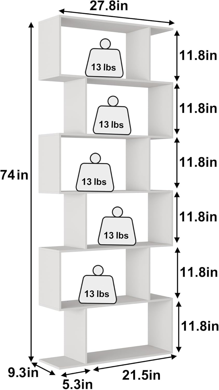 Yusong S Shaped Bookshelf, Modern Geometric Bookcase, 6-Tier White Display Case Book Shelf
