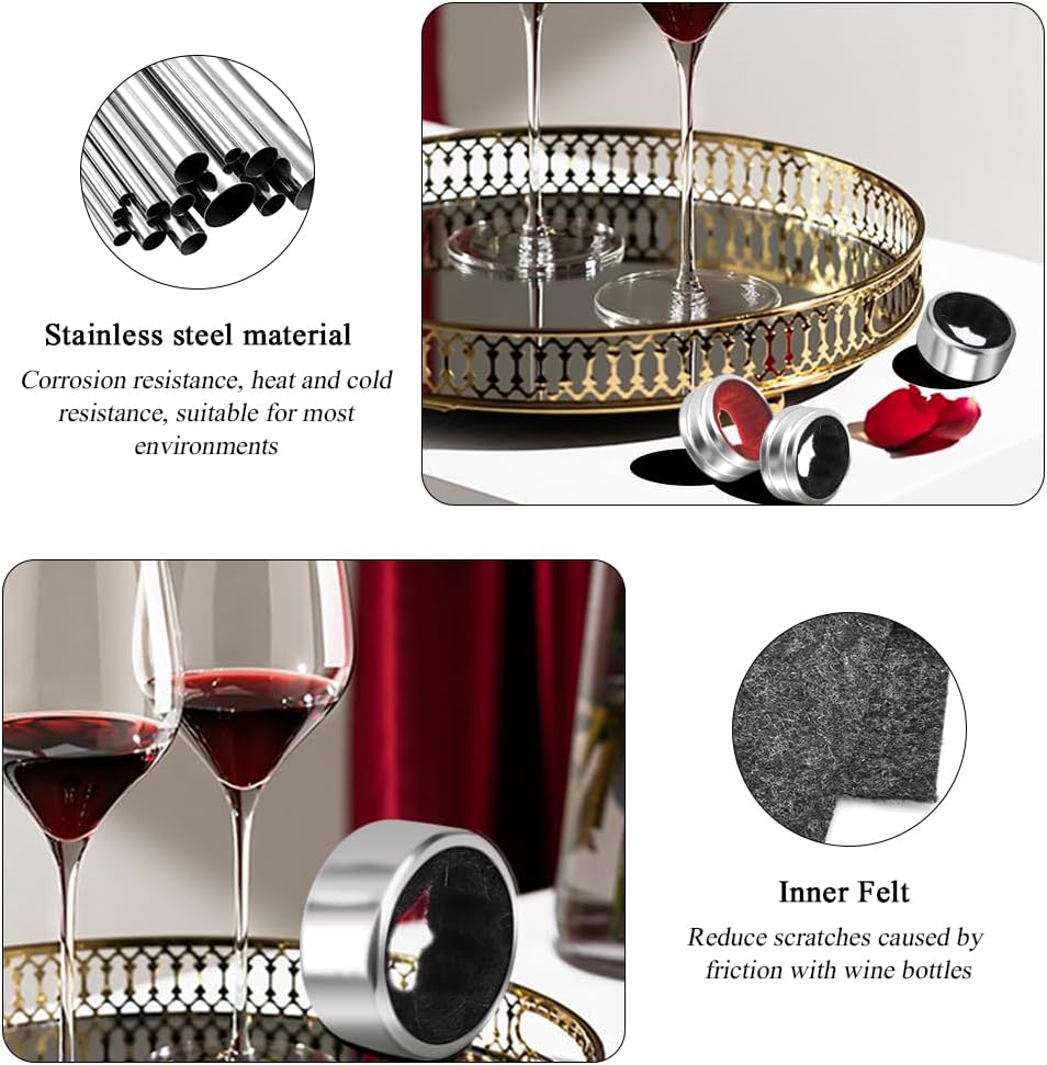 Wine Drip Collars, 4 Pack Stainless Steel Wine Bottle Top Drip Rings, Wine Drop Ring Catcher or Stopper with Detachable Felt Liner, Small Handy Wine Accessories for Kitchen and Bar