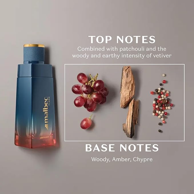 Malbec Flame Eau De Toilette by O Boticário, Cologne For Men, French Oak Barrel-Aged Red Wine & Woody Nerello Grape Scent, 3.4 Ounce