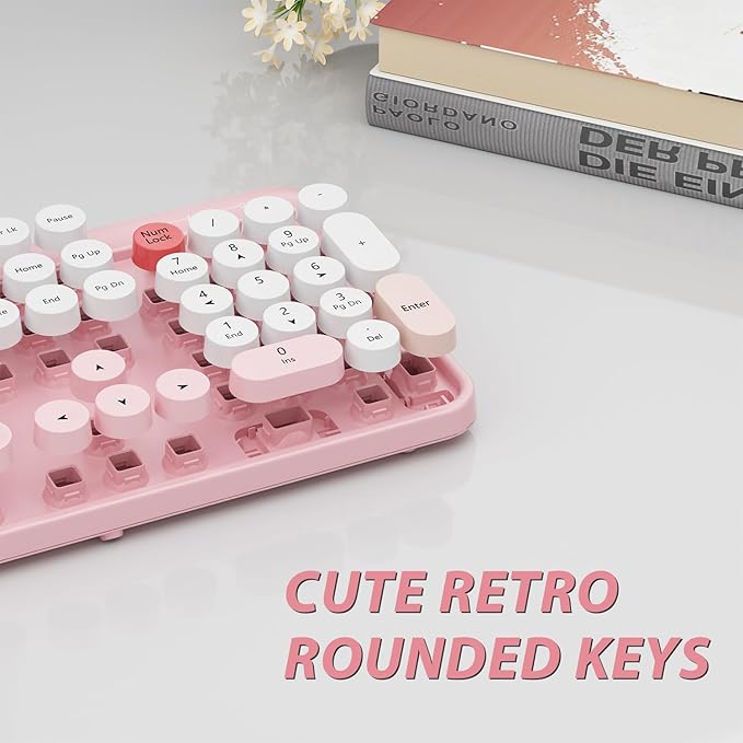 Wireless Keyboard,KOOTOP Cute Colorful 104 Keys Typewriter Retro Round Keycaps Keyboard for PC Laptop,Desktop,Windows, Home and Office Keyboards(Pink)