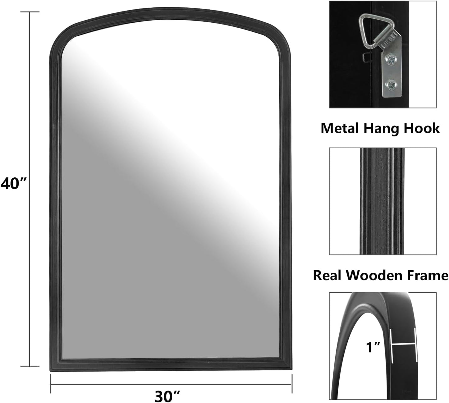 HOMECOOKIN Wood Arched Mirror for Bathroom, 30" x 40" Farmhouse Rustic Arched Wall Mirror Wood Framed Vanity Mirror for Home Decor Entryway Living Room (Black)