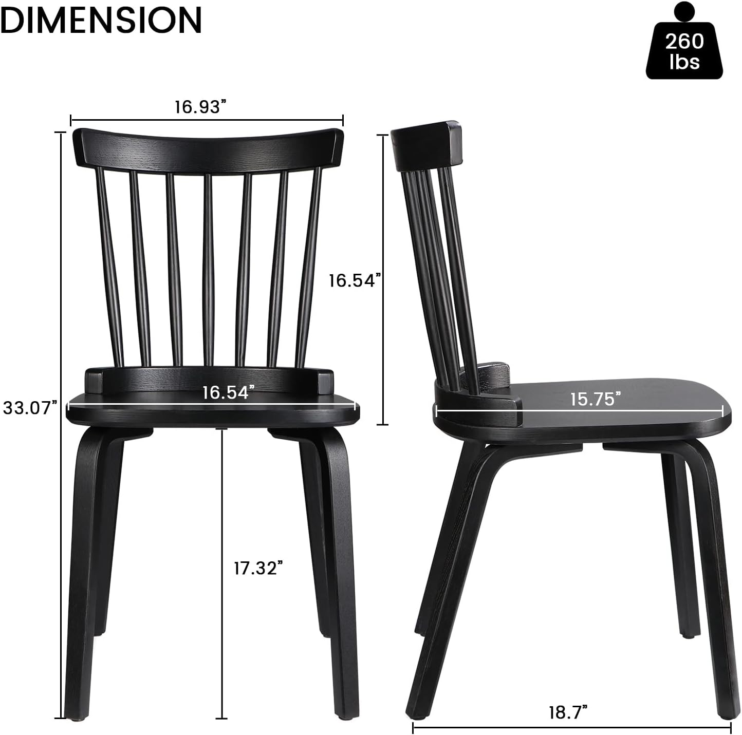 Unovivy Wood Dining Chairs Set of 4, Farmhouse Spindle Back, Widen Seat, Modern Mid-Century Country Style, for Living Room Restaurant, Black